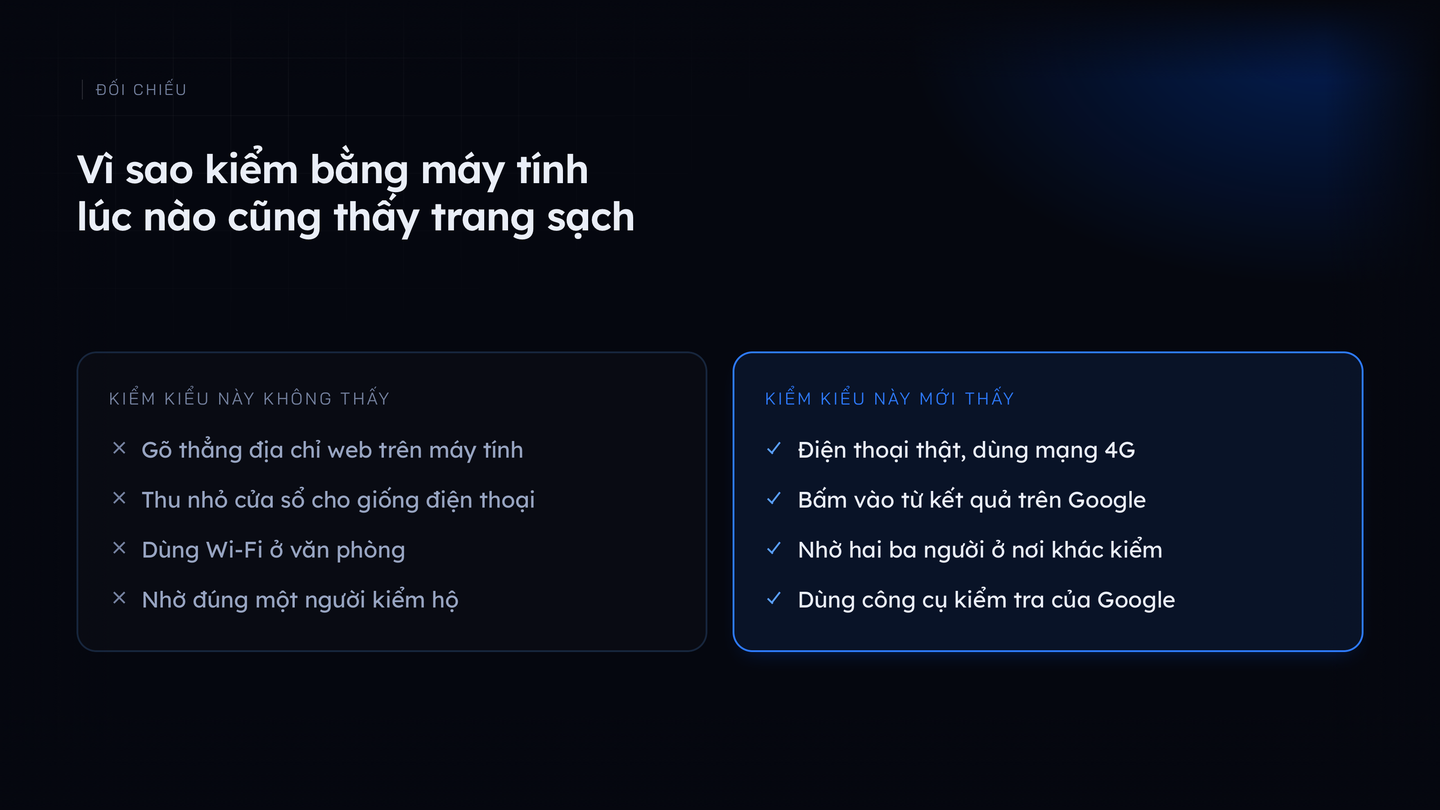 Đối chiếu bốn cách kiểm không phát hiện được và bốn cách kiểm phát hiện được website chuyển hướng trên điện thoại