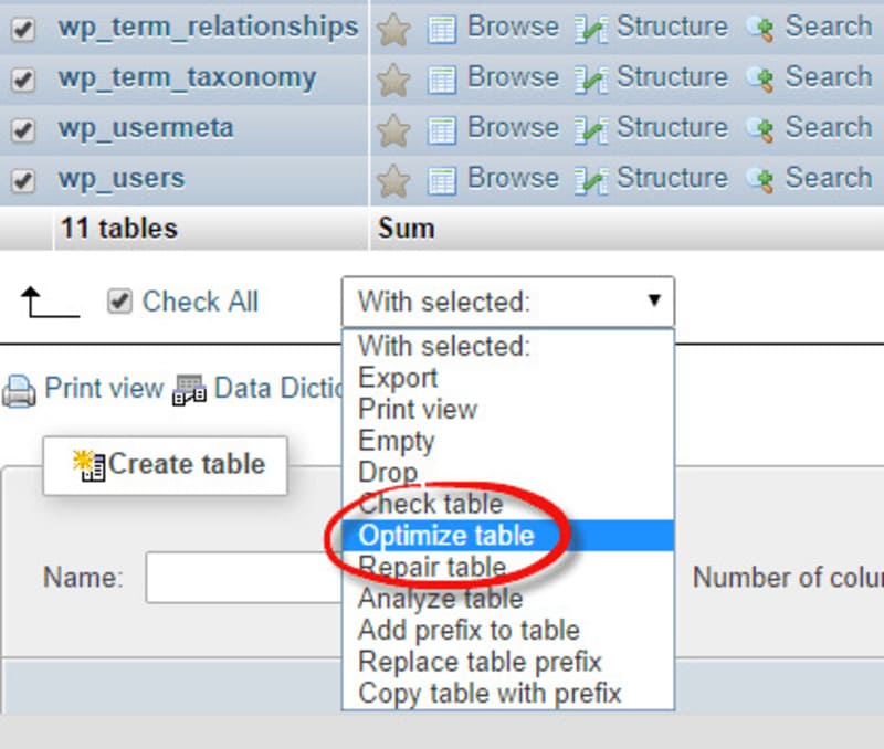 Chọn “Optimize Table” Để Tối Ưu Database Wordpress