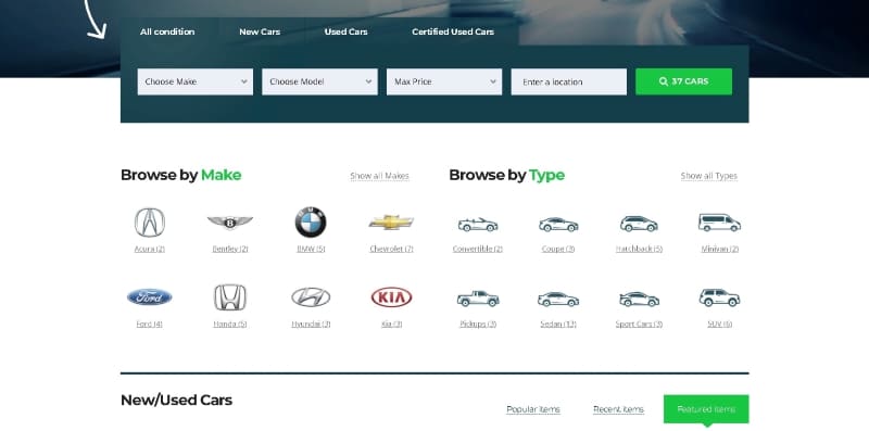 tìm kiếm nâng cao trong thiết kế website ô tô