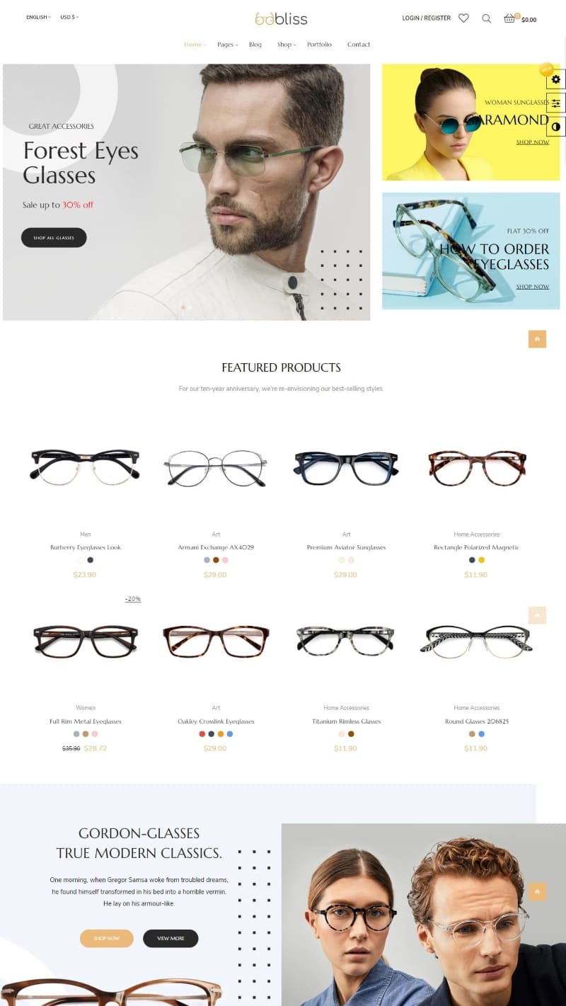 giao diện thiết kế website thời trang mắt kính oobliss
